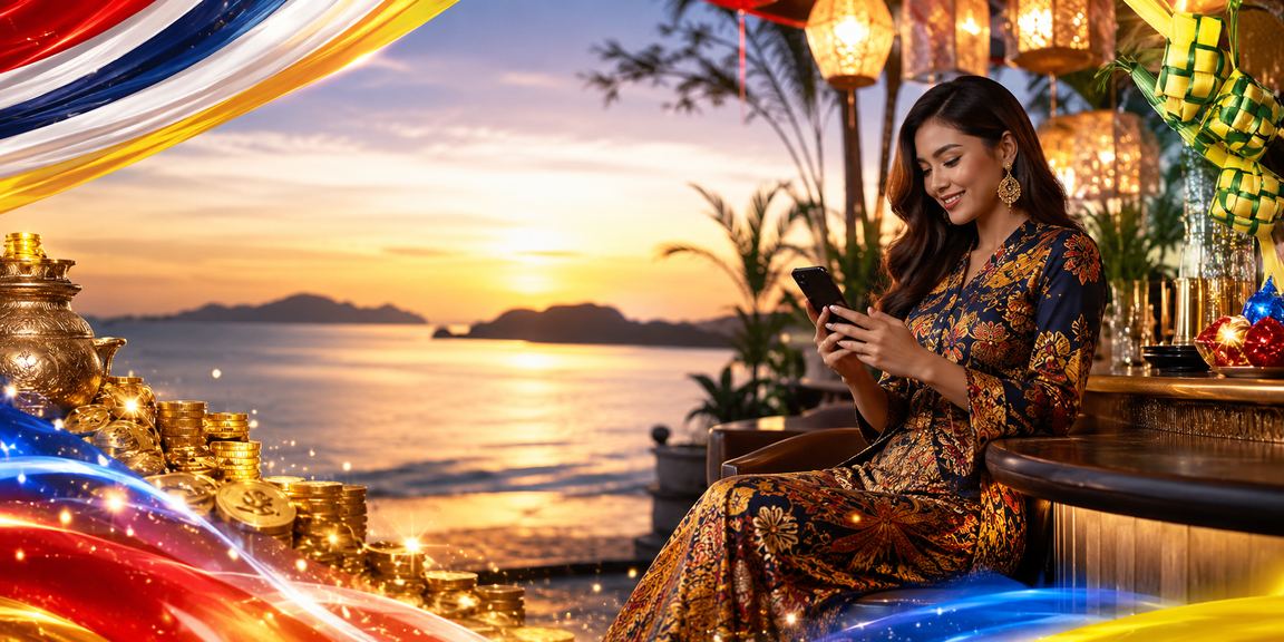 Pengguna kasino mudah alih di Kota Kinabalu menggunakan telefon dengan pakaian batik